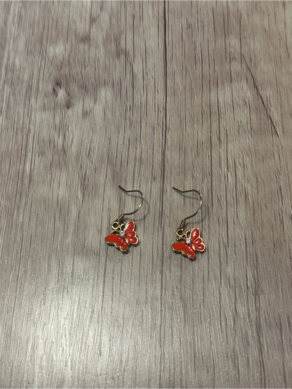 Gold Tone Butterfly Drop Earrings - Red Enamel